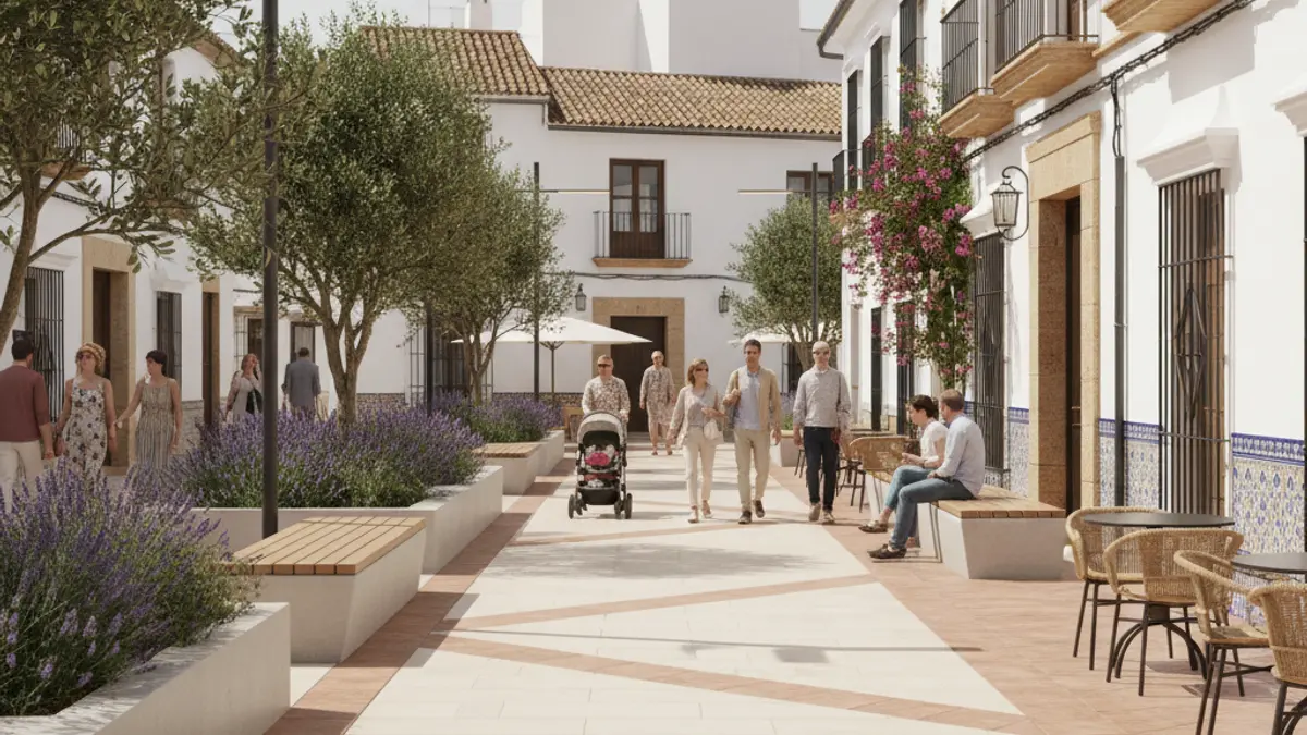 Image of a recently renovated pedestrian street in Estepona, with modern street furniture and green areas.