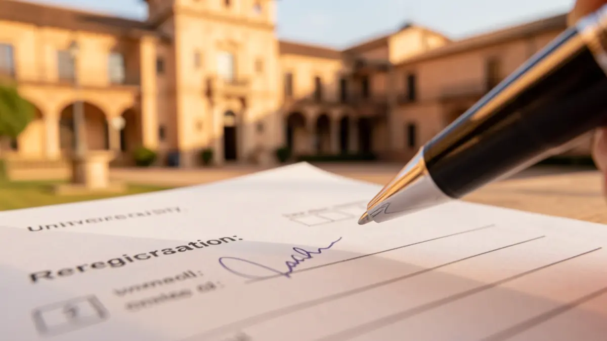 Primer plano de un formulario de matrícula universitaria con un bolígrafo sobre la línea de firma, fondo desenfocado de un edificio del campus en Andalucía.