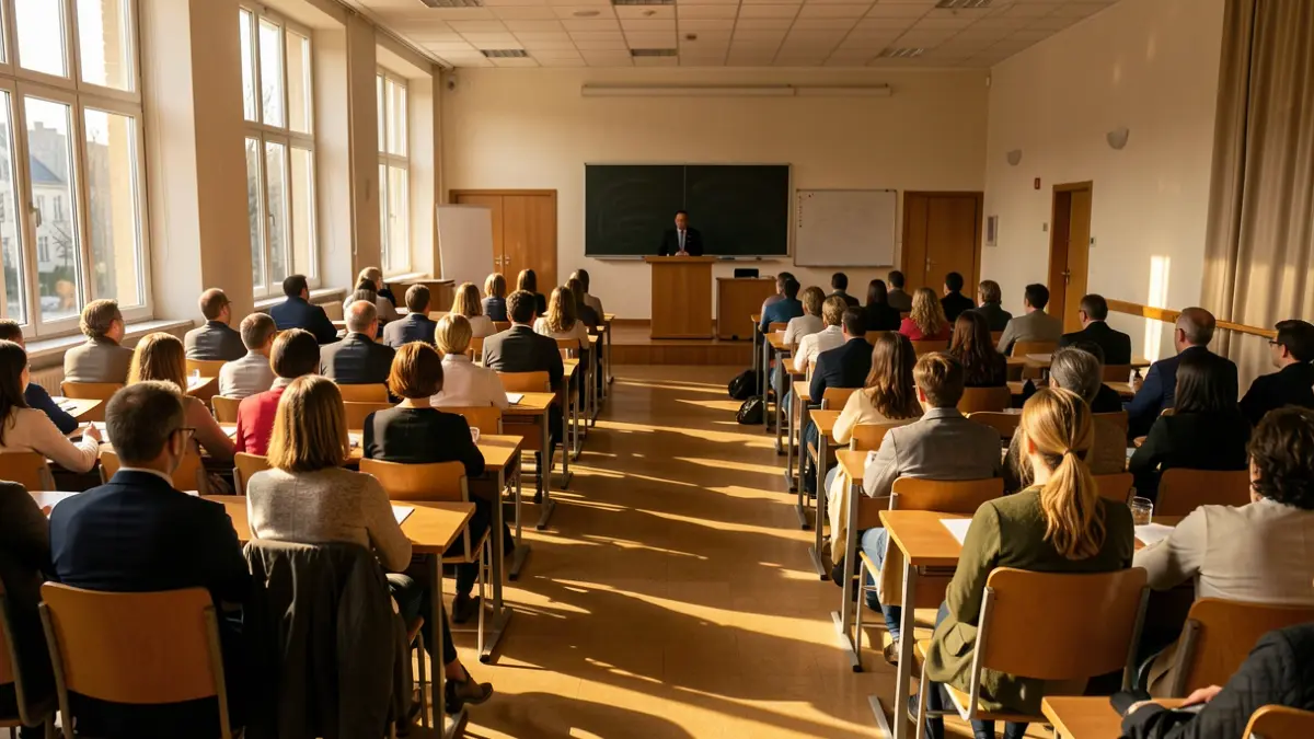 Imagen genérica de un aula universitaria vacía con luz solar.