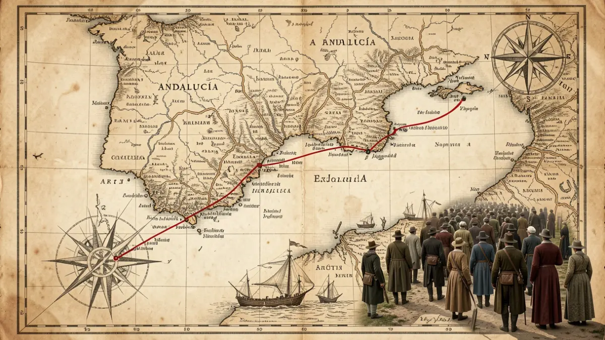 Historical map showing a navigator's route from Almería to the Arctic.