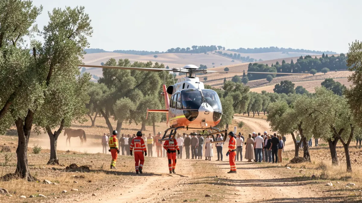 Imagen de un helicóptero sanitario aterrizando en un camino rural andaluz.