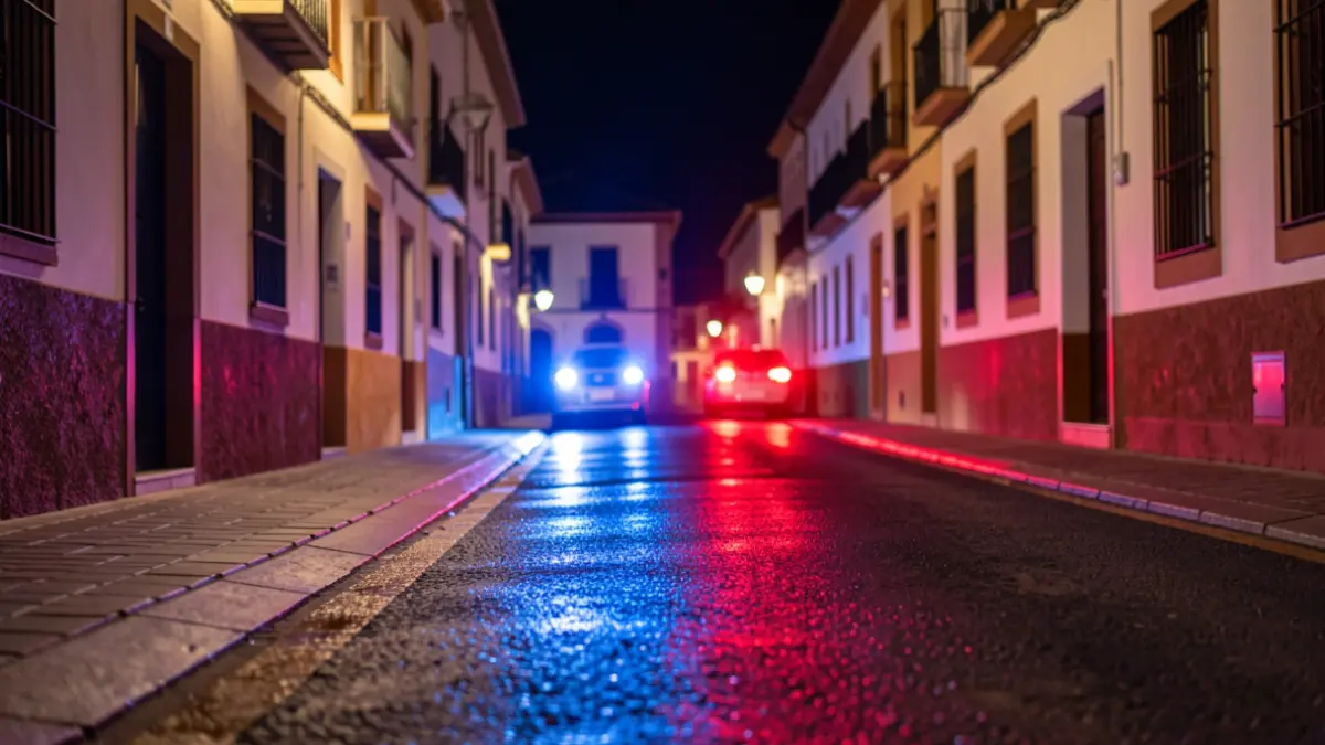 Imagen genérica de luces de emergencia policiales reflejándose en el asfalto mojado.
