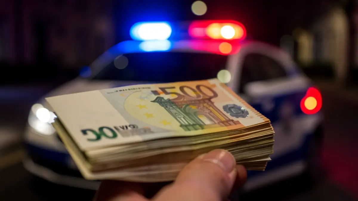 Imagen genérica de billetes de 50 euros ofrecidos a unas luces de emergencia policiales parpadeantes en la noche.
