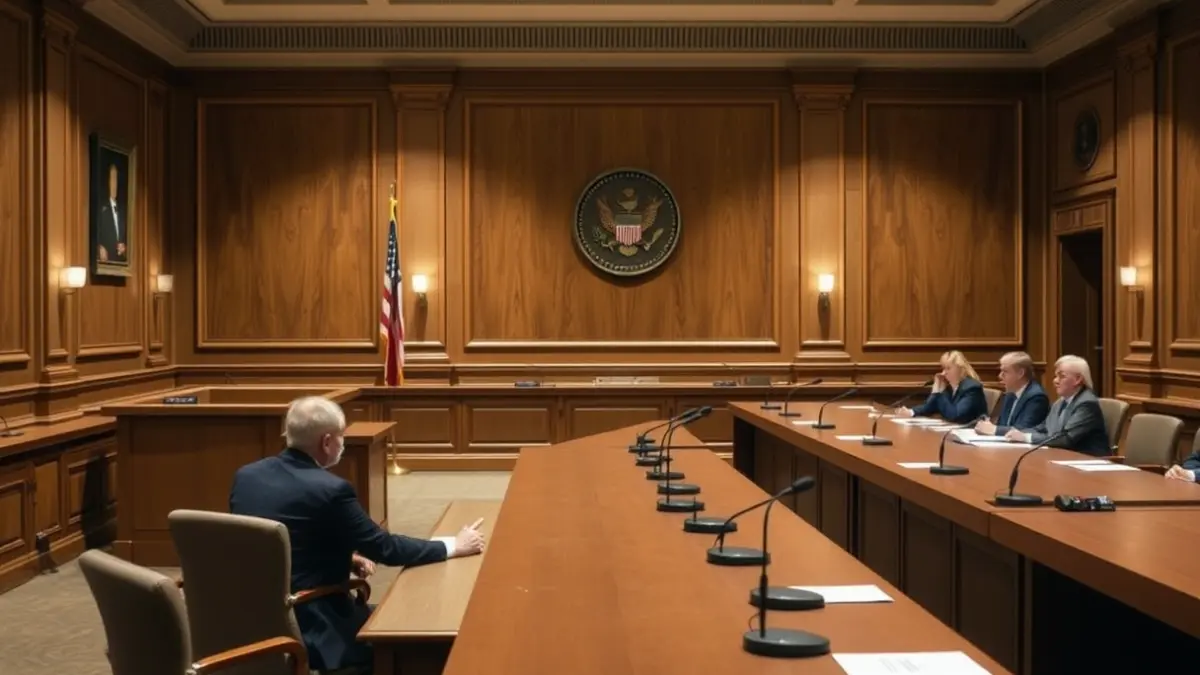 Generic image of a parliamentary commission room with an empty stand and microphones.