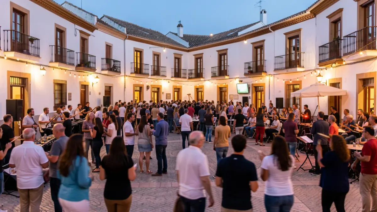 Generic image of an Andalusian square with people celebrating a night festival.