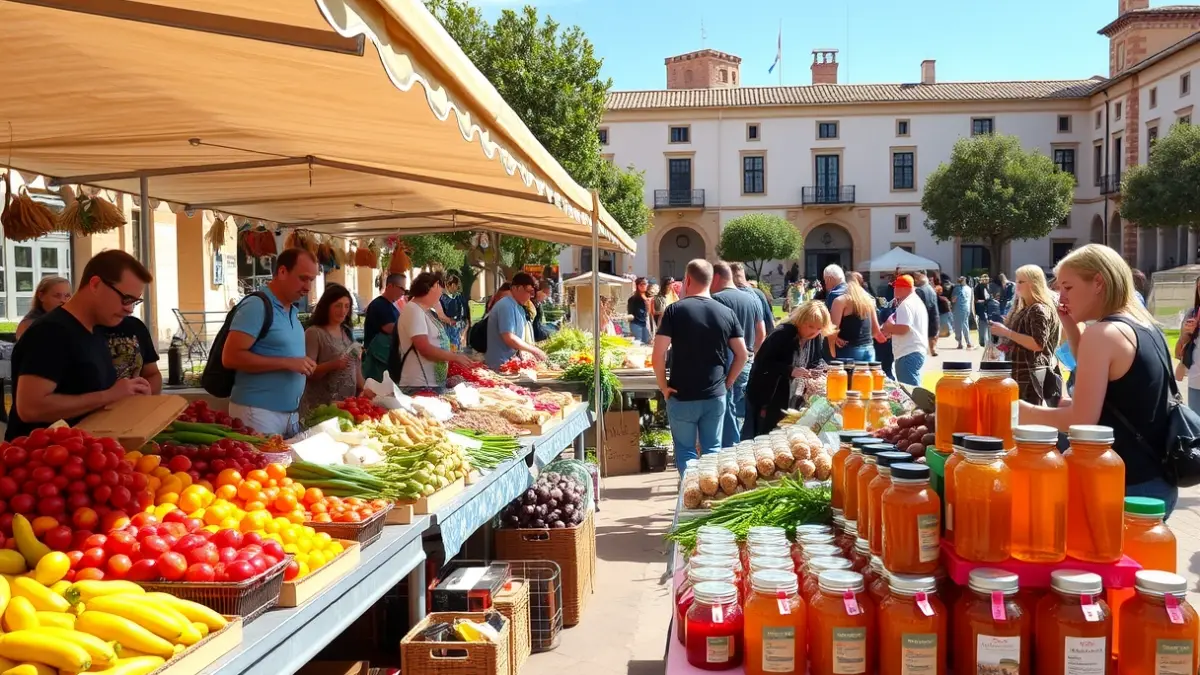 Image of an agroecological market with fresh and artisanal products on a university campus.