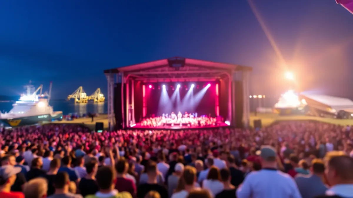 Generic image of a concert on a pier with bright lights and a crowd.