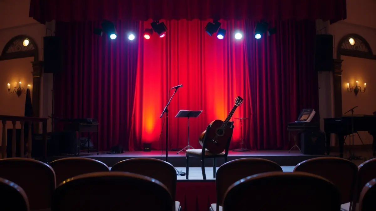 Generic image of a flamenco stage with a microphone and a guitar.