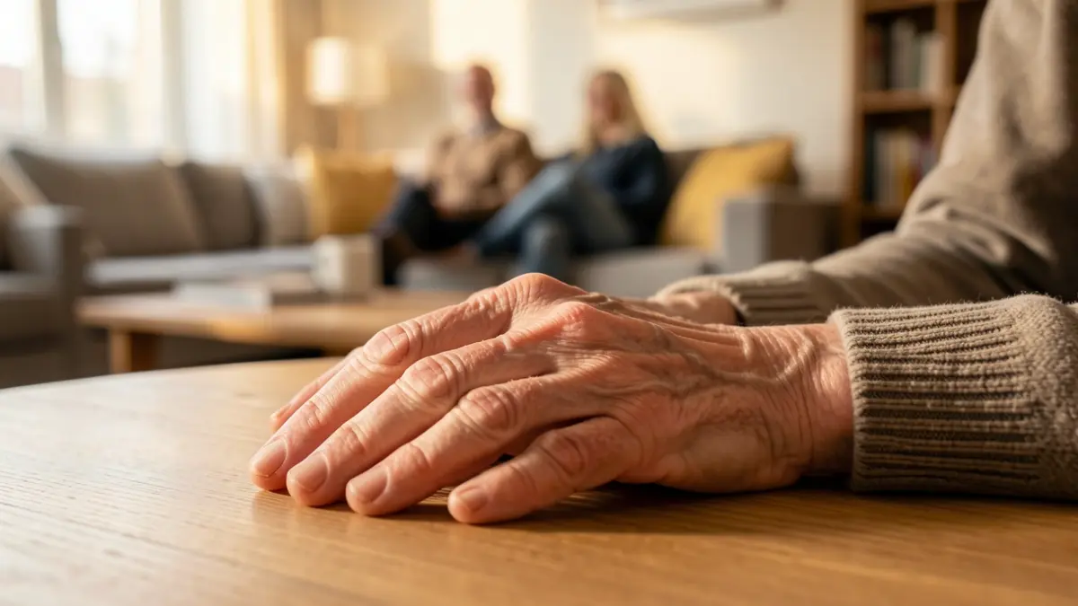 Close-up of an elderly person's hands on a wooden table, with a blurred modern living room in the background.