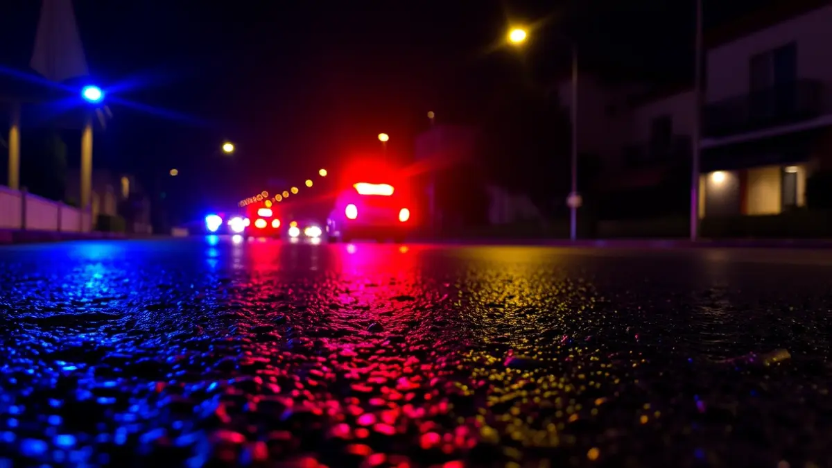Generic image of emergency lights reflecting on wet asphalt.