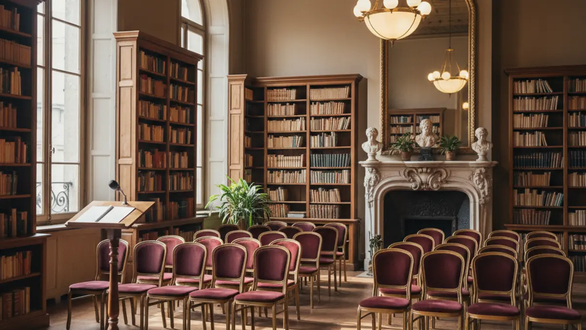 Generic image of a library or exhibition hall interior with warm lighting.