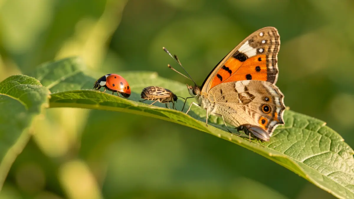 Primer plano de varios insectos, incluyendo una mariquita y una mariposa, sobre una hoja en un entorno natural de Andalucía.