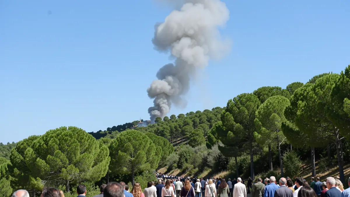 Imagen genérica de una columna de humo elevándose sobre una ladera de bosque de pinos en Andalucía.