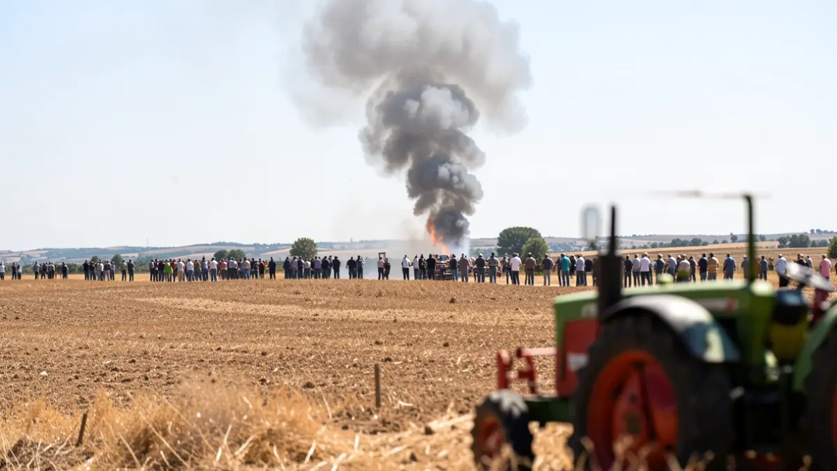 Image of smoke rising over an agricultural field in La Carlota as a tractor creates a firebreak.