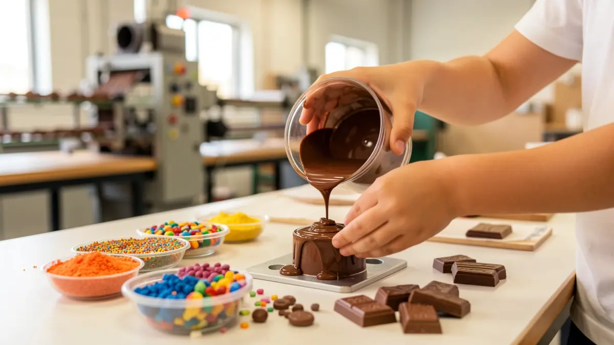 Children making chocolate in a workshop in Mijas.