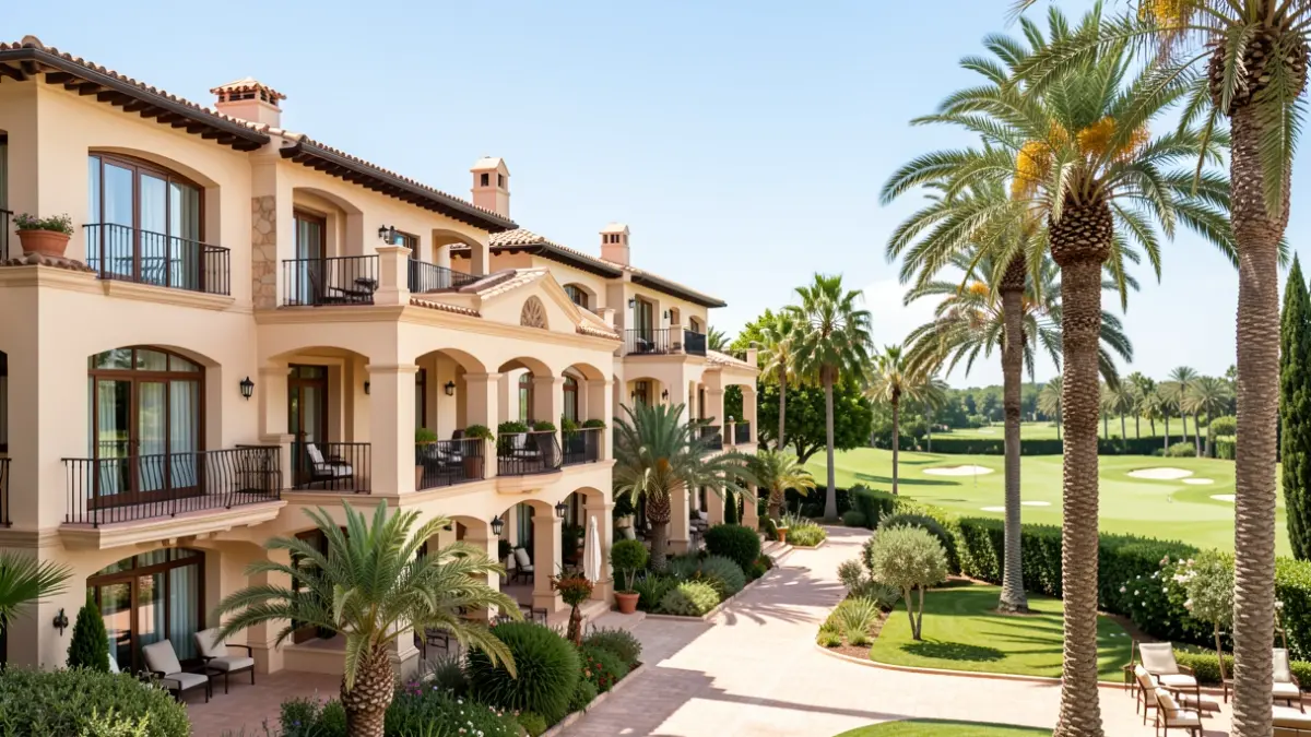 Imagen genérica de un lujoso resort de cinco estrellas con arquitectura andaluza y campo de golf.
