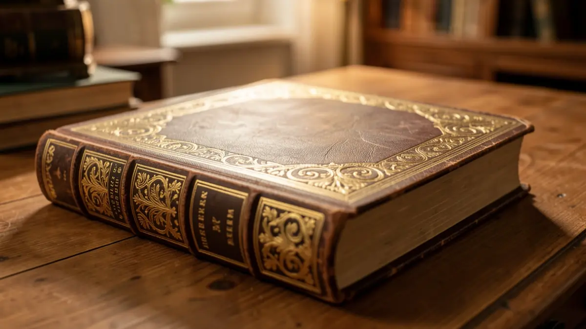 Primer plano de un libro antiguo con detalles dorados sobre un escritorio de madera, con luz cálida.