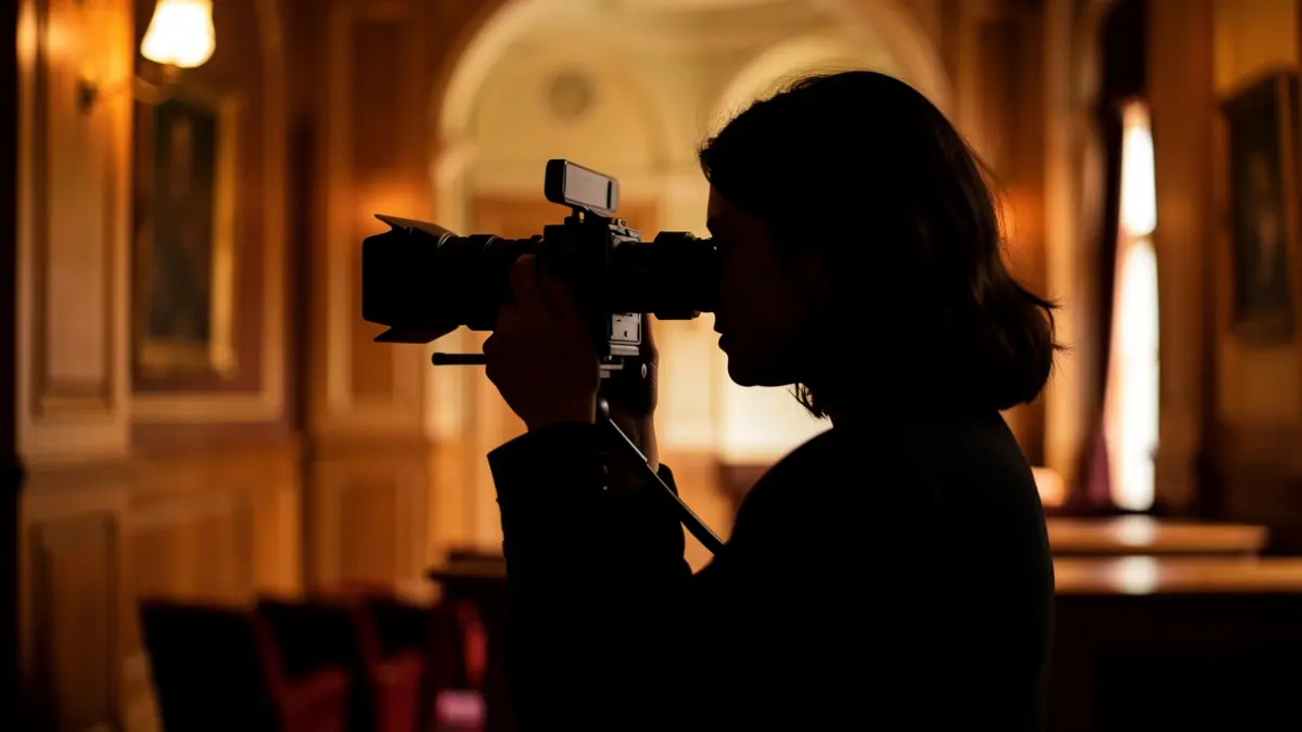 Silueta de una directora de cine mirando a través de una cámara antigua, con un cine clásico desenfocado al fondo.