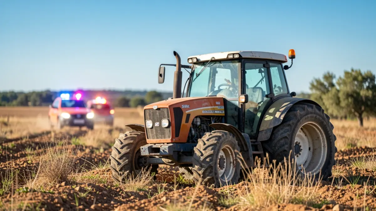 Imagen de un tractor accidentado en un campo de Fiñana, Almería, con luces de emergencia.