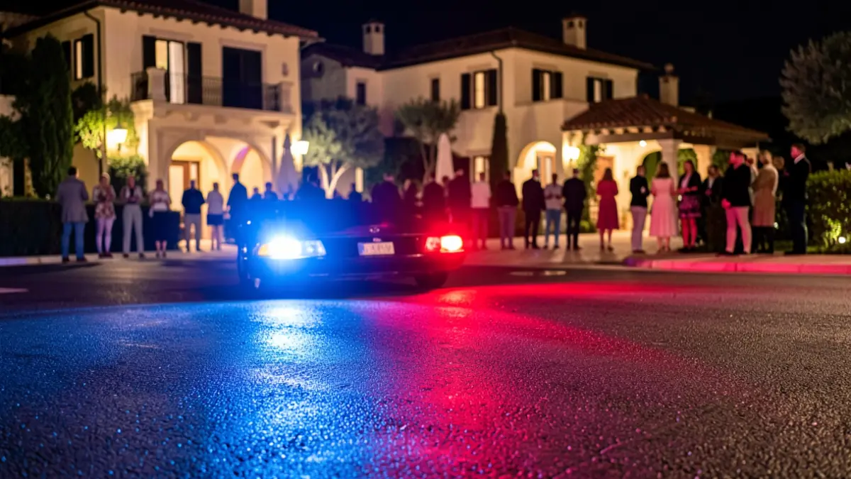 Imagen genérica de luces de emergencia policiales reflejándose en el asfalto mojado por la noche en una zona residencial de lujo.