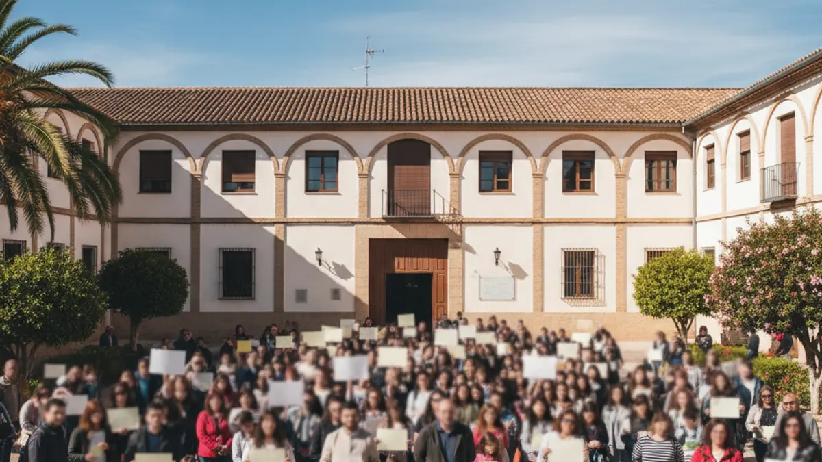 Image of a protest by parents in front of a school in Puerto Real.