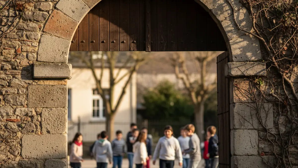 Image of a school entrance with children playing in the background.