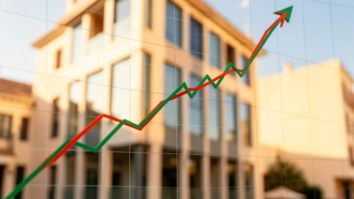 Upward financial graph with a blurred Andalusian office building in the background.