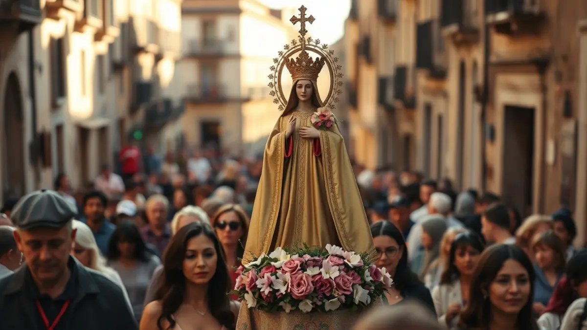 Procesión religiosa en las calles de Córdoba con una imagen de la Virgen.