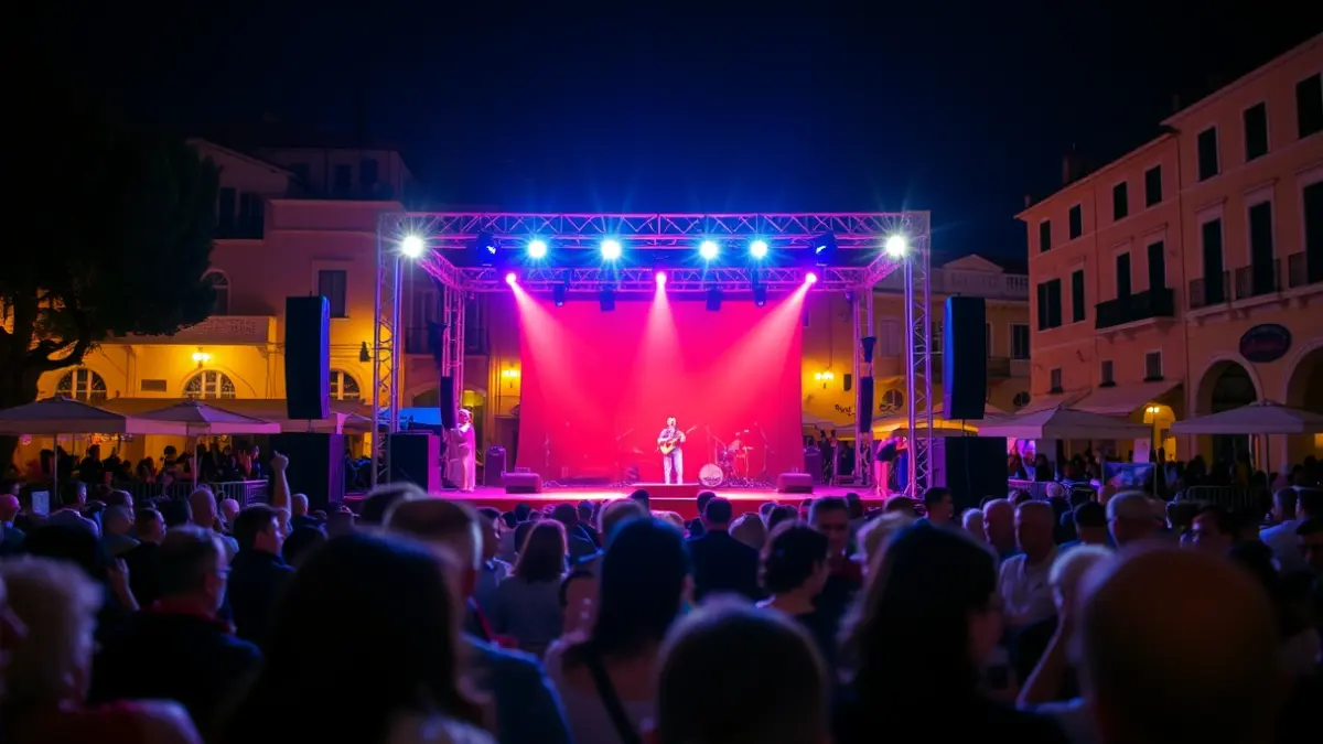 Image of an outdoor stage in a square, with warm lights and a festive atmosphere.