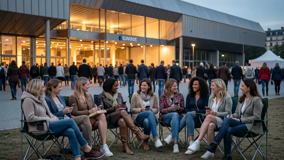 Generic image of fans waiting outside a concert venue at dusk.