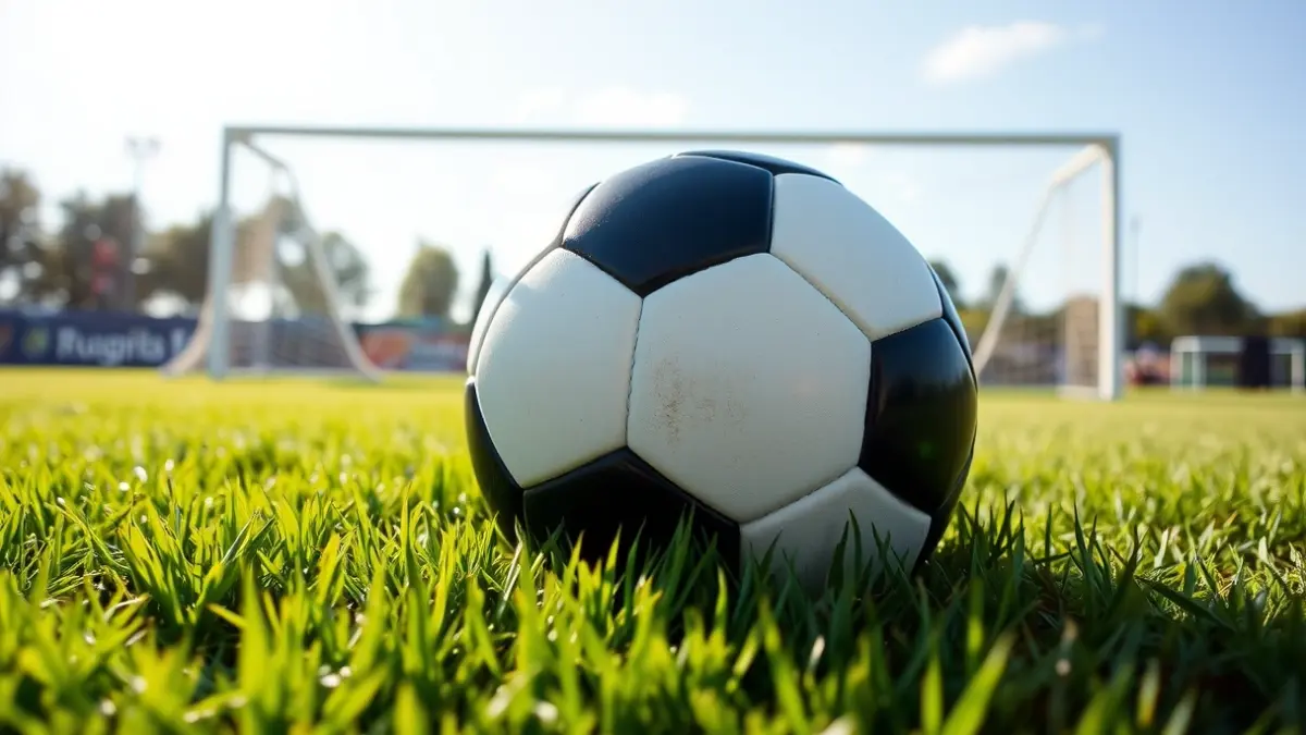 Generic image of a soccer ball on grass, with a blurred goal in the background.