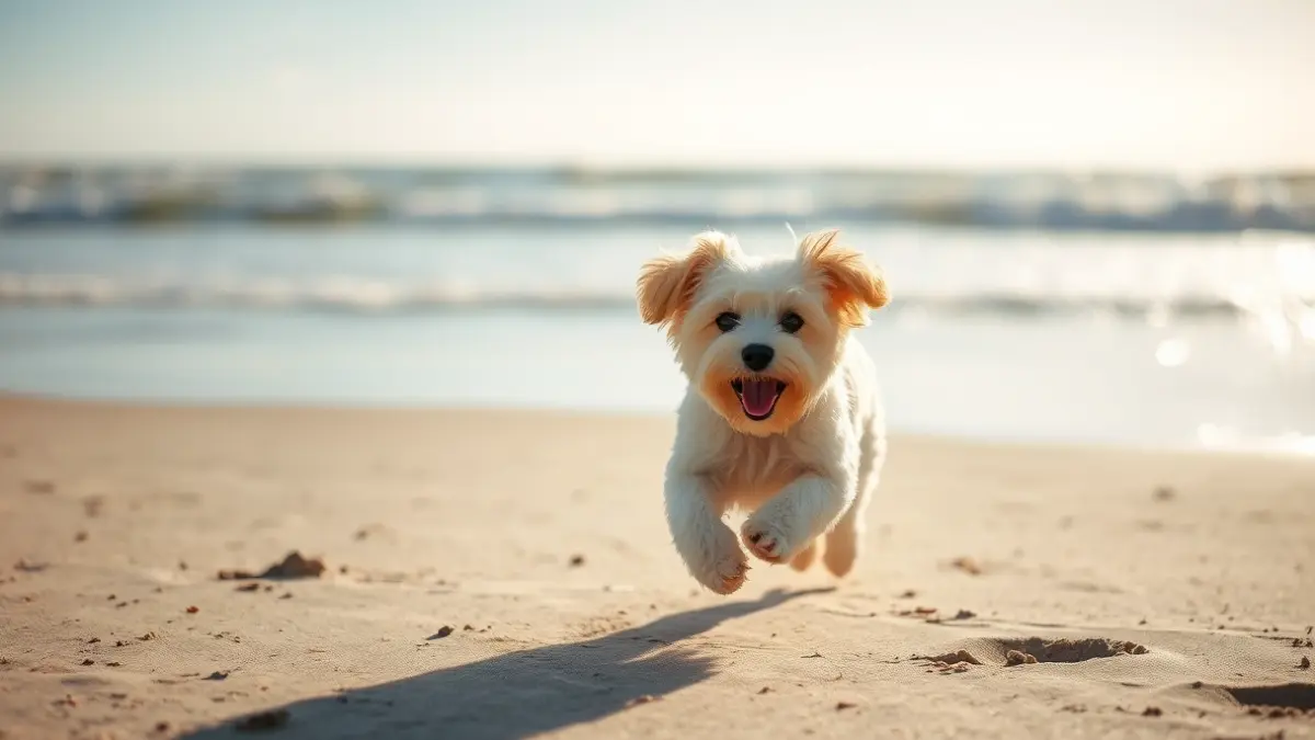 Maltipoo dog happily running on Camposoto beach in San Fernando.