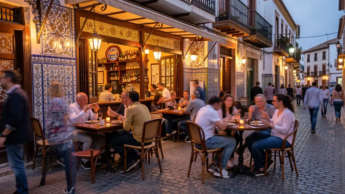 Generic image of a lively Andalusian tapas bar at dusk with traditional architecture.