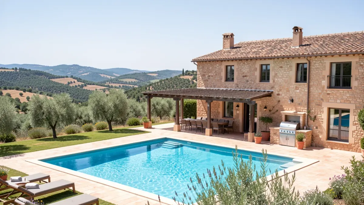 Imagen de una finca renovada con piscina y vistas panorámicas en el campo andaluz.