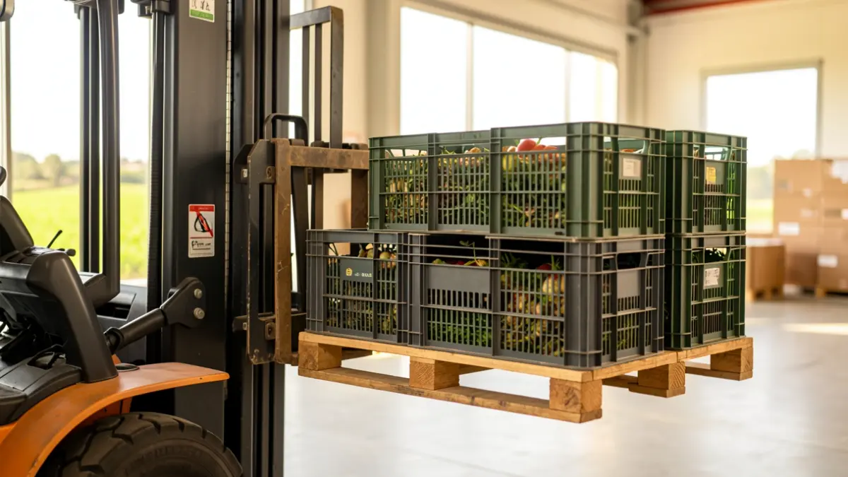 Primer plano de una carretilla elevadora levantando cajas agrícolas en un almacén moderno en Andalucía.