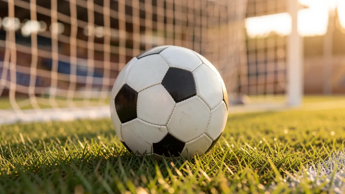 Generic image of a soccer ball on grass in a stadium.