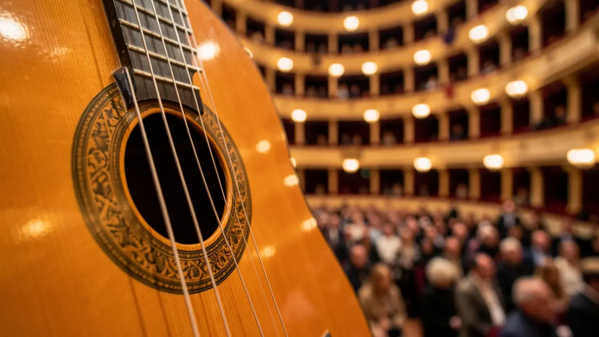 Primer plano de una guitarra flamenca en un escenario.