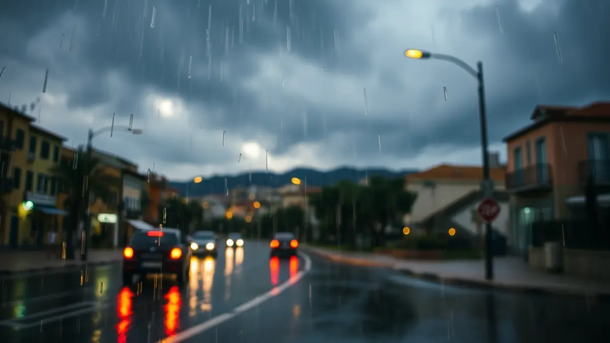 Generic image of heavy rain on an urban street.