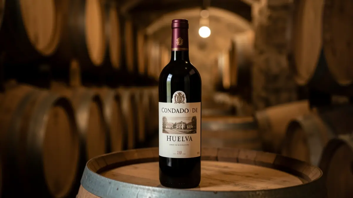 Wine bottle from the Condado de Huelva Denomination of Origin in a winery.