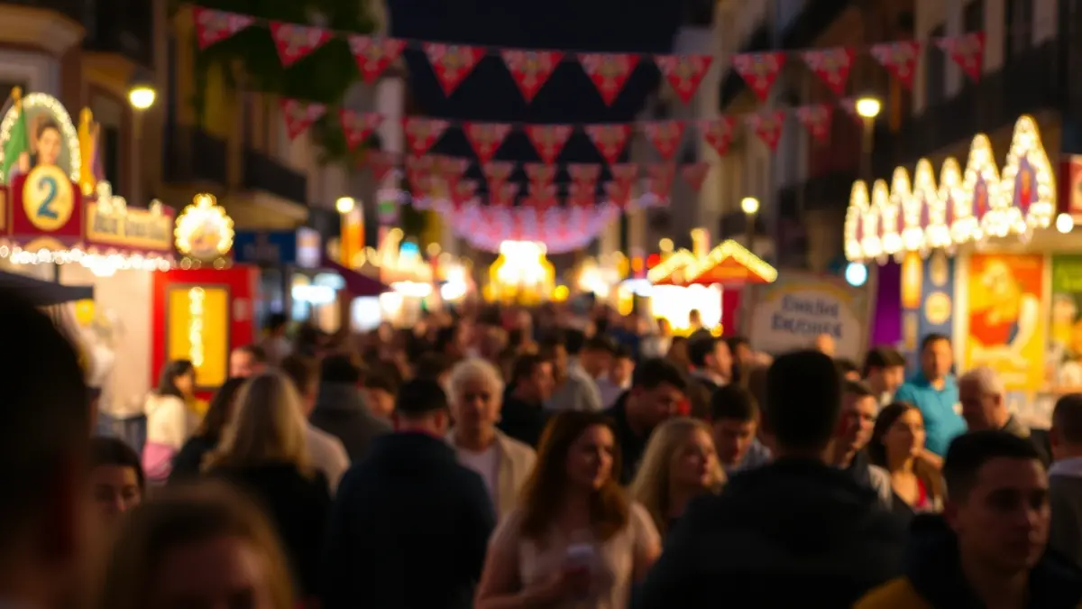 Imagen genérica de una feria con multitudes y luces festivas.