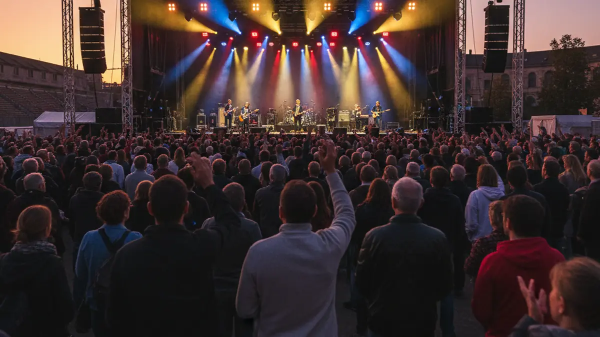 Generic image of a concert with bright lights and an animated crowd.