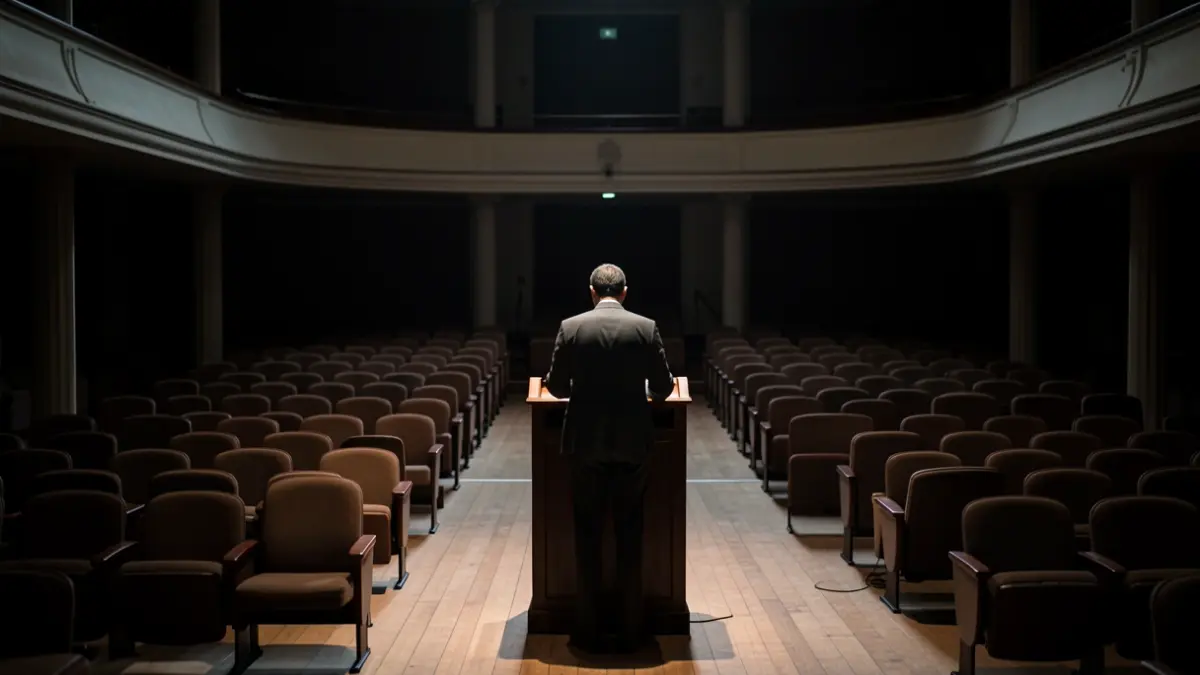Imagen genérica de una figura solitaria en un atril ante un auditorio vacío.