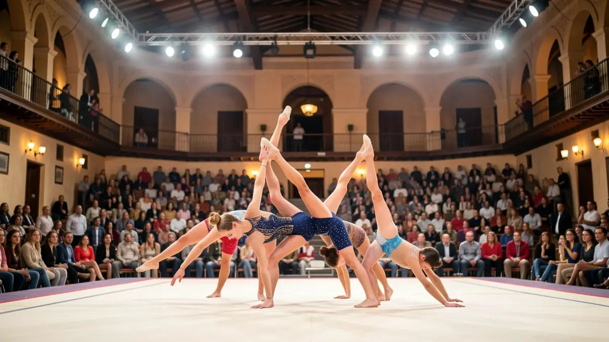 Image of gymnasts in the middle of an acrobatic gymnastics competition in Granada.
