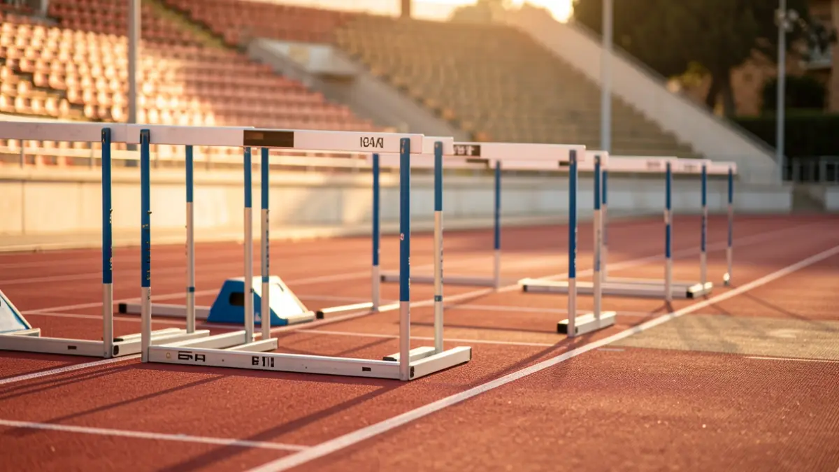 Athletics track with hurdles and starting blocks, under the afternoon sun.