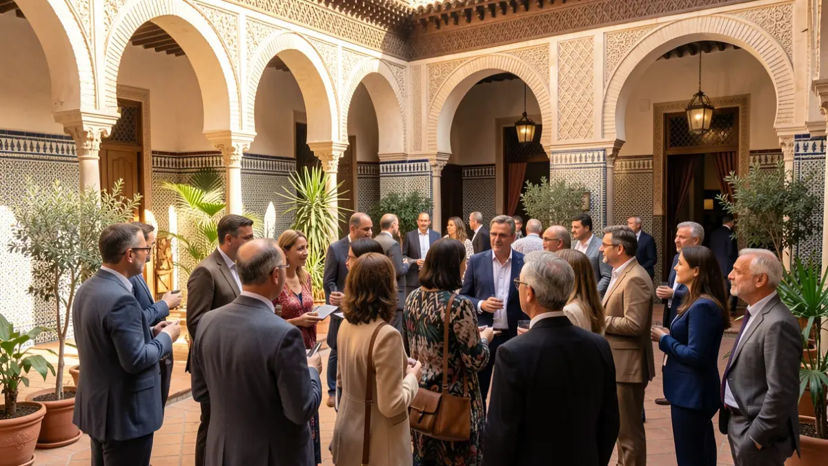 Image of an international culture and cooperation meeting in an Andalusian courtyard.