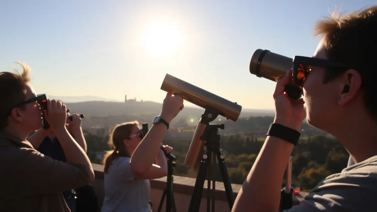 Image of people observing a solar eclipse with special telescopes and glasses at the Mirador de San Miguel Alto in Granada.
