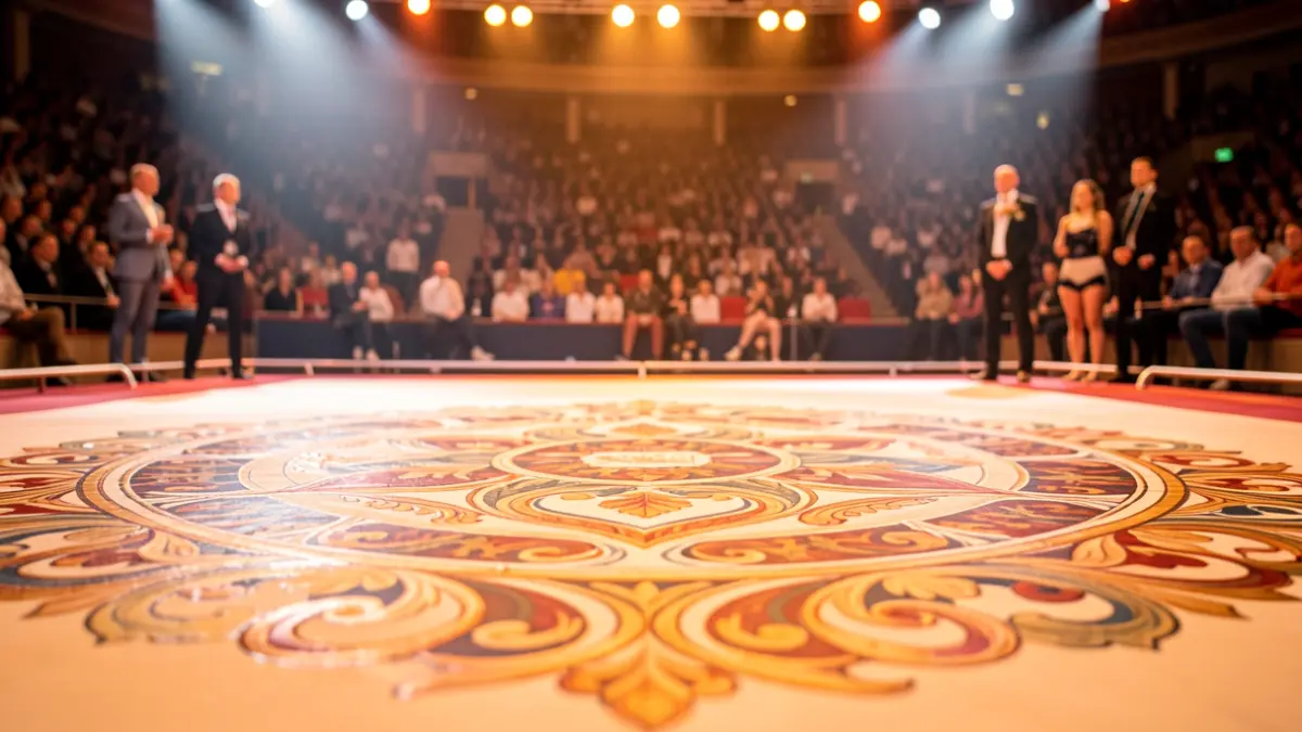 Pista de gimnasia acrobática con iluminación de competición y público desenfocado.