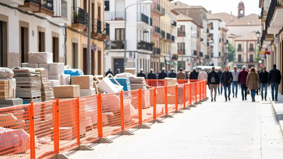 Renovation works on an urban avenue in Granada with safety barriers.