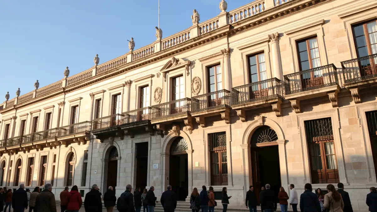 Fachada del Ayuntamiento de Granada con balcones ornamentados y barandillas de hierro, bajo la luz cálida de la tarde y cielo azul.