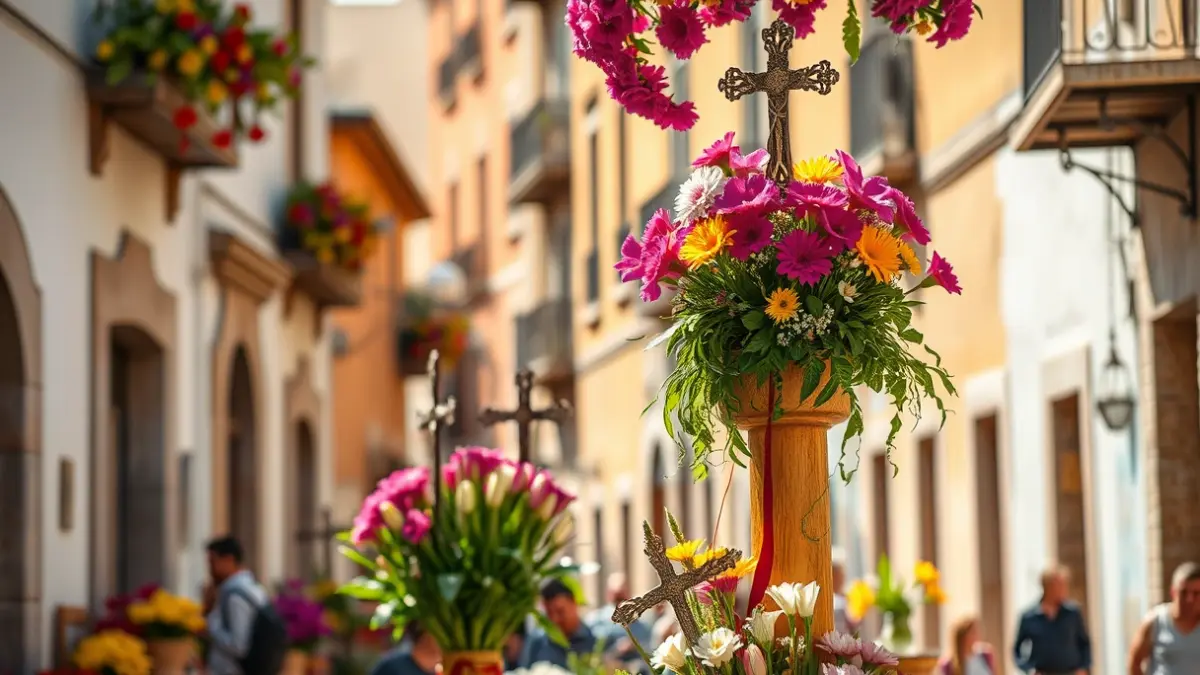 Imagen de una calle de Granada decorada para el Día de la Cruz, con flores y cruces.